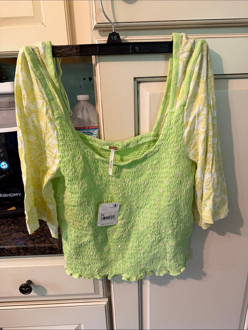 Free People Lime Green and White Smocked Square-Neck Crop Top